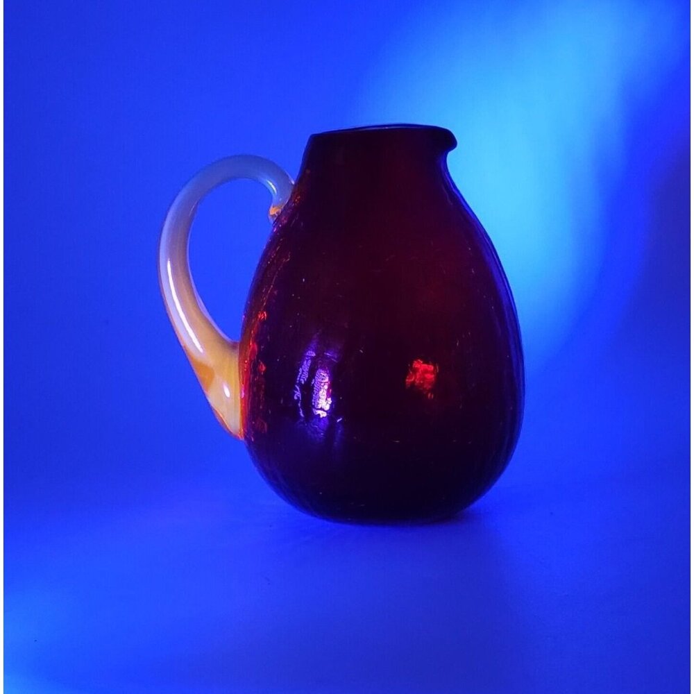 Handblown Amberina Red Crackle Glass Creamer Pitcher Pilgrim 3.75" UV Glow VTG